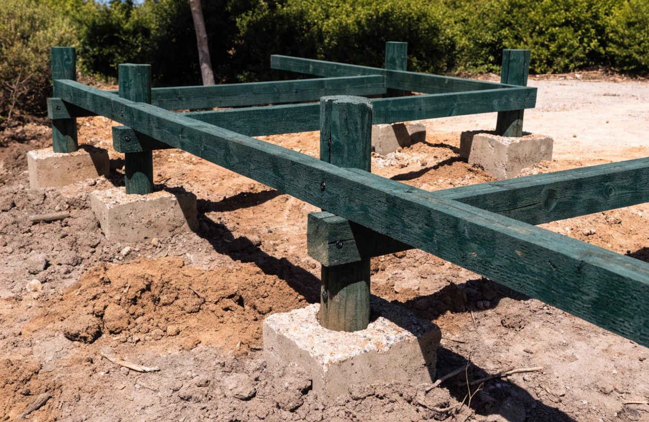 H4-treated bearers and posts installed close to the ground on a deck substructure