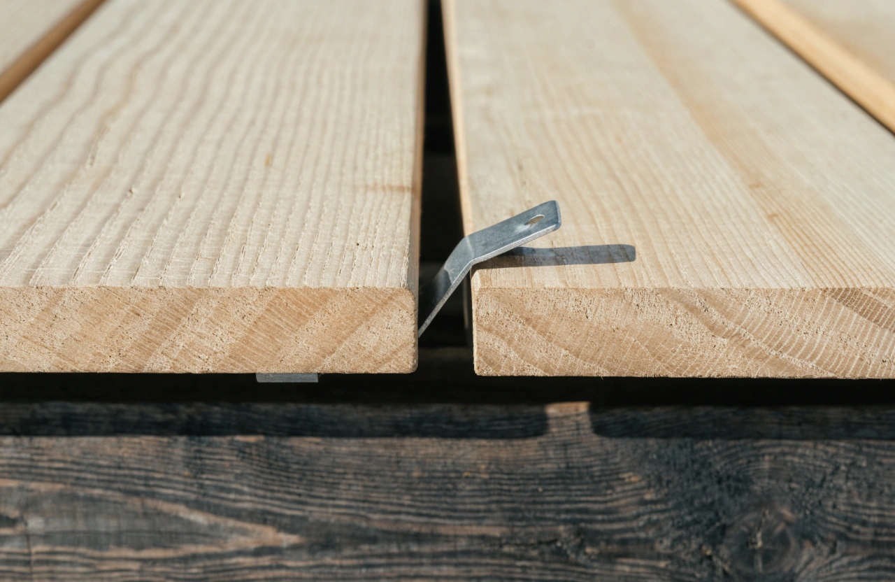 Close-up of a hidden fixing system on a Merbau deck board