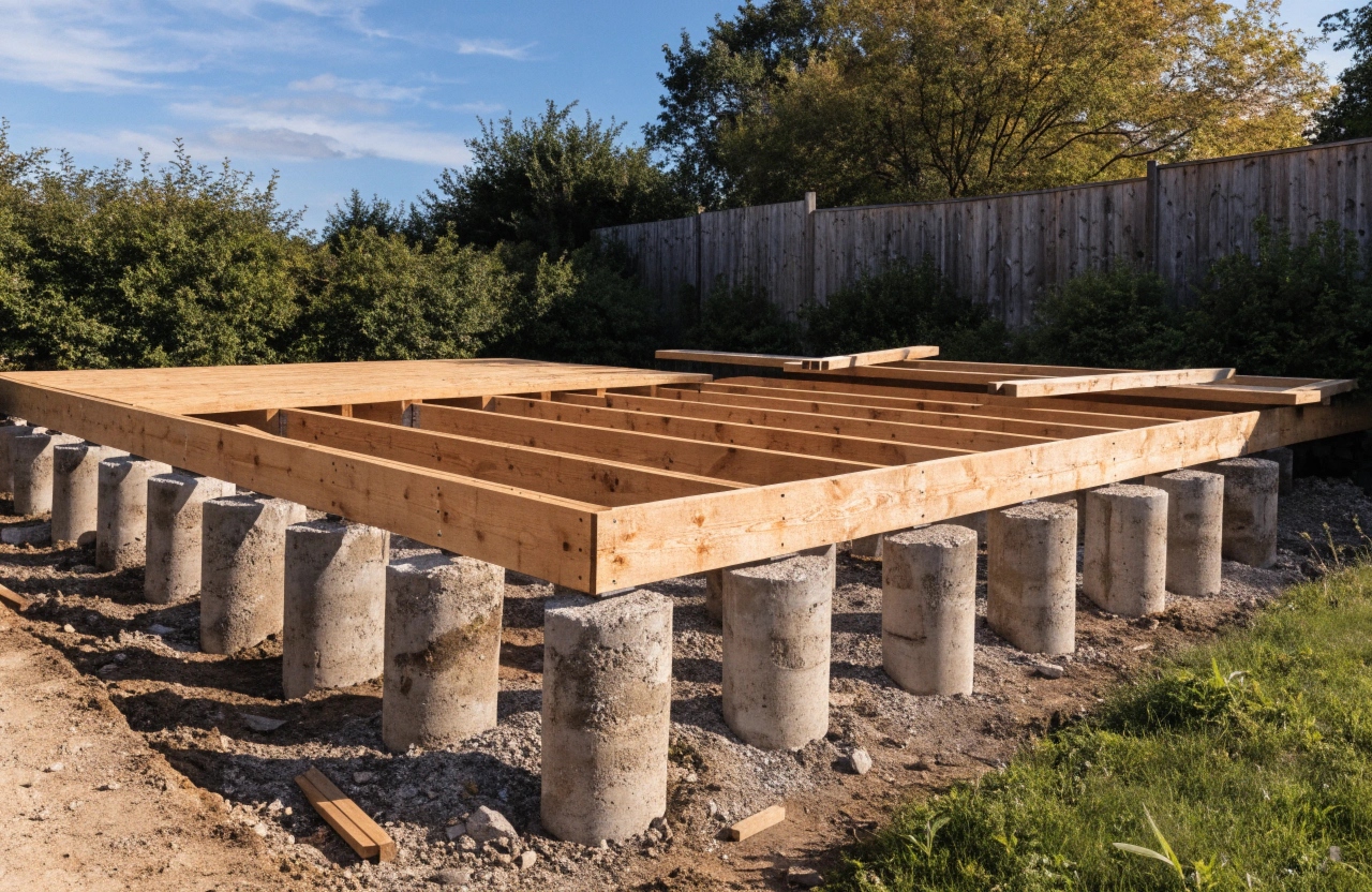 Deck substructure and joists during a Merbau decking build on the Central Coast