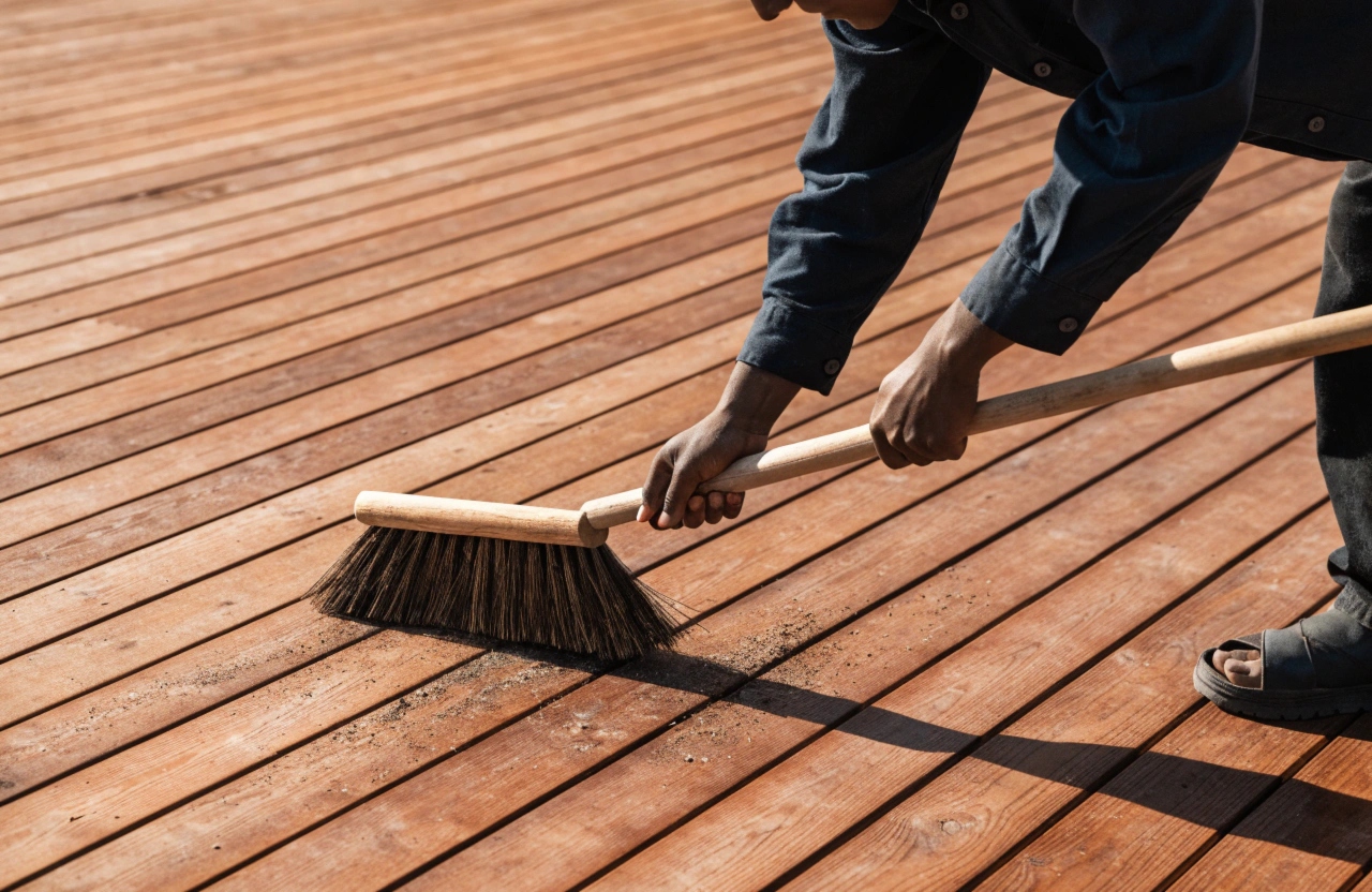 Sweeping and cleaning a Merbau deck between oil treatments