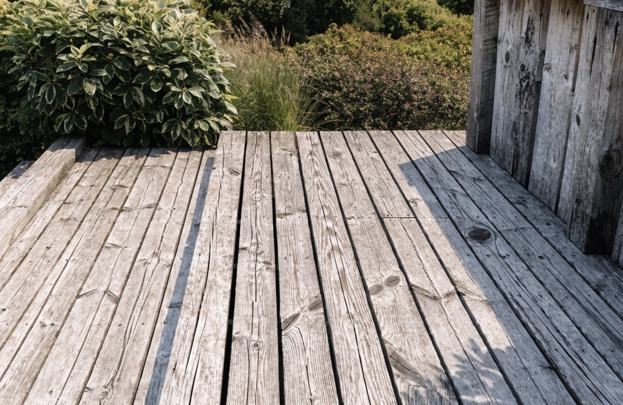 A naturally silvered, unoiled Merbau deck with a weathered grey patina