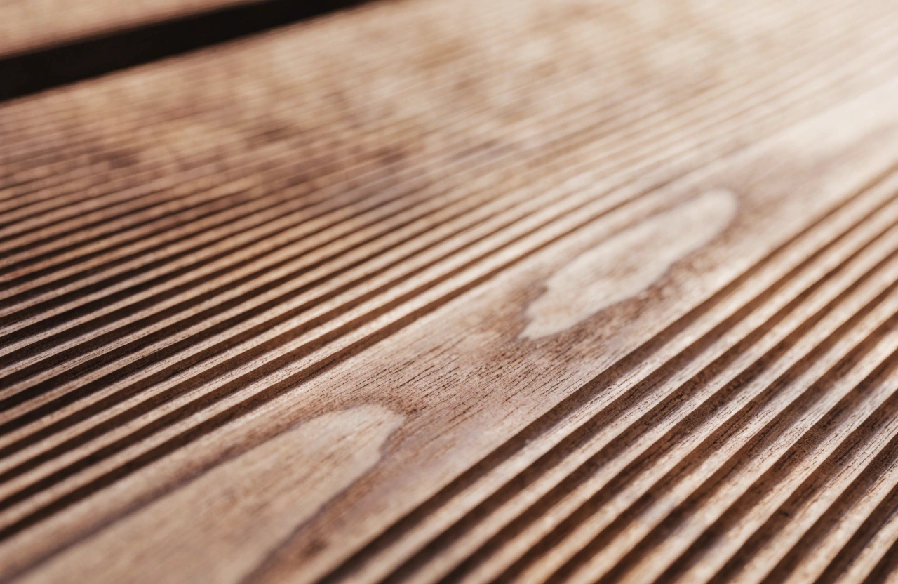 Close-up of grooved, machined Merbau decking boards for extra grip