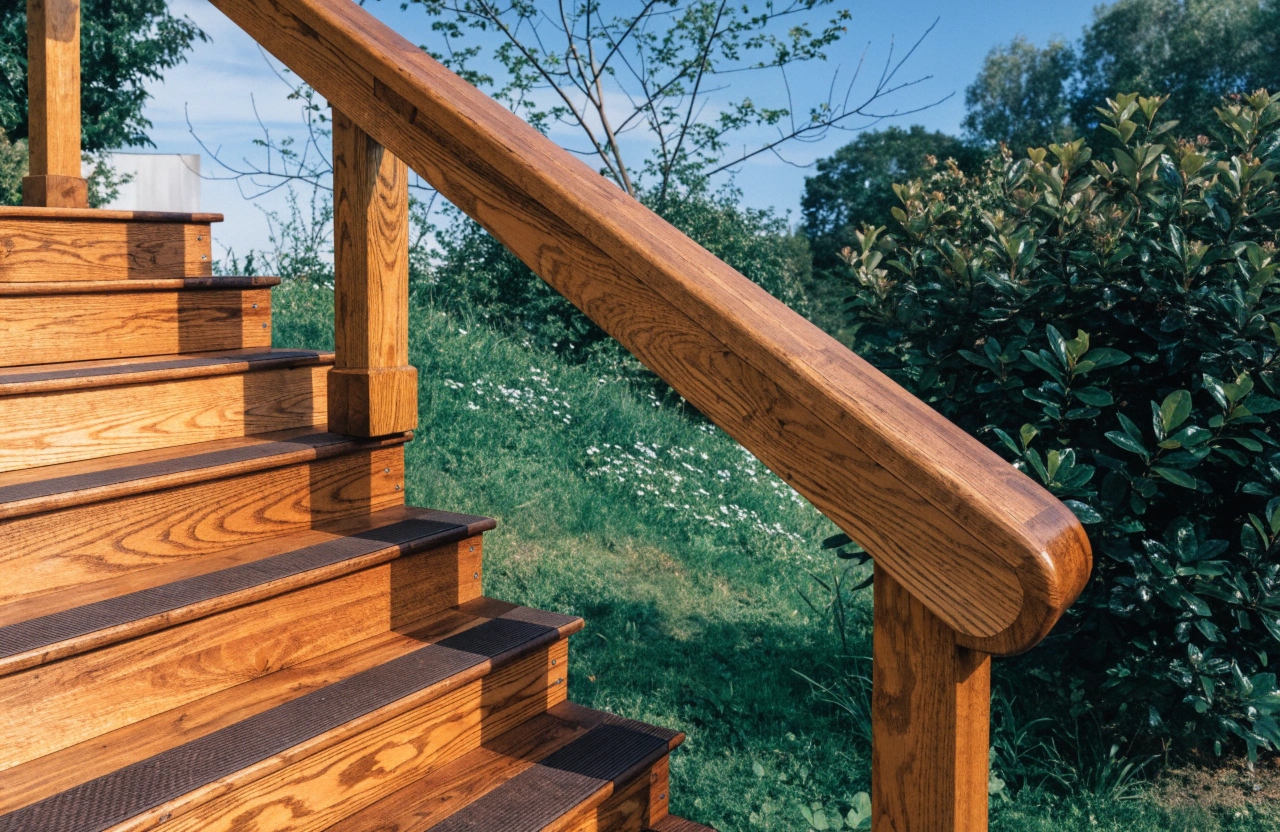 Merbau deck stairs with handrail and non-slip nosing for family safety