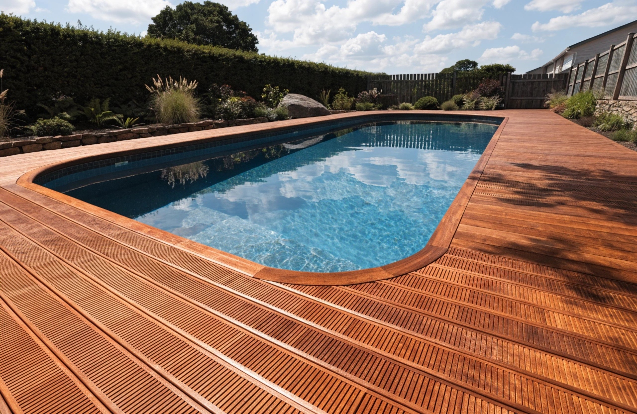 Grooved Merbau decking surrounding a pool for slip resistance