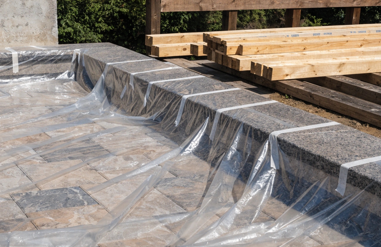 Plastic sheeting protecting pavers from tannin runoff during a Merbau deck build