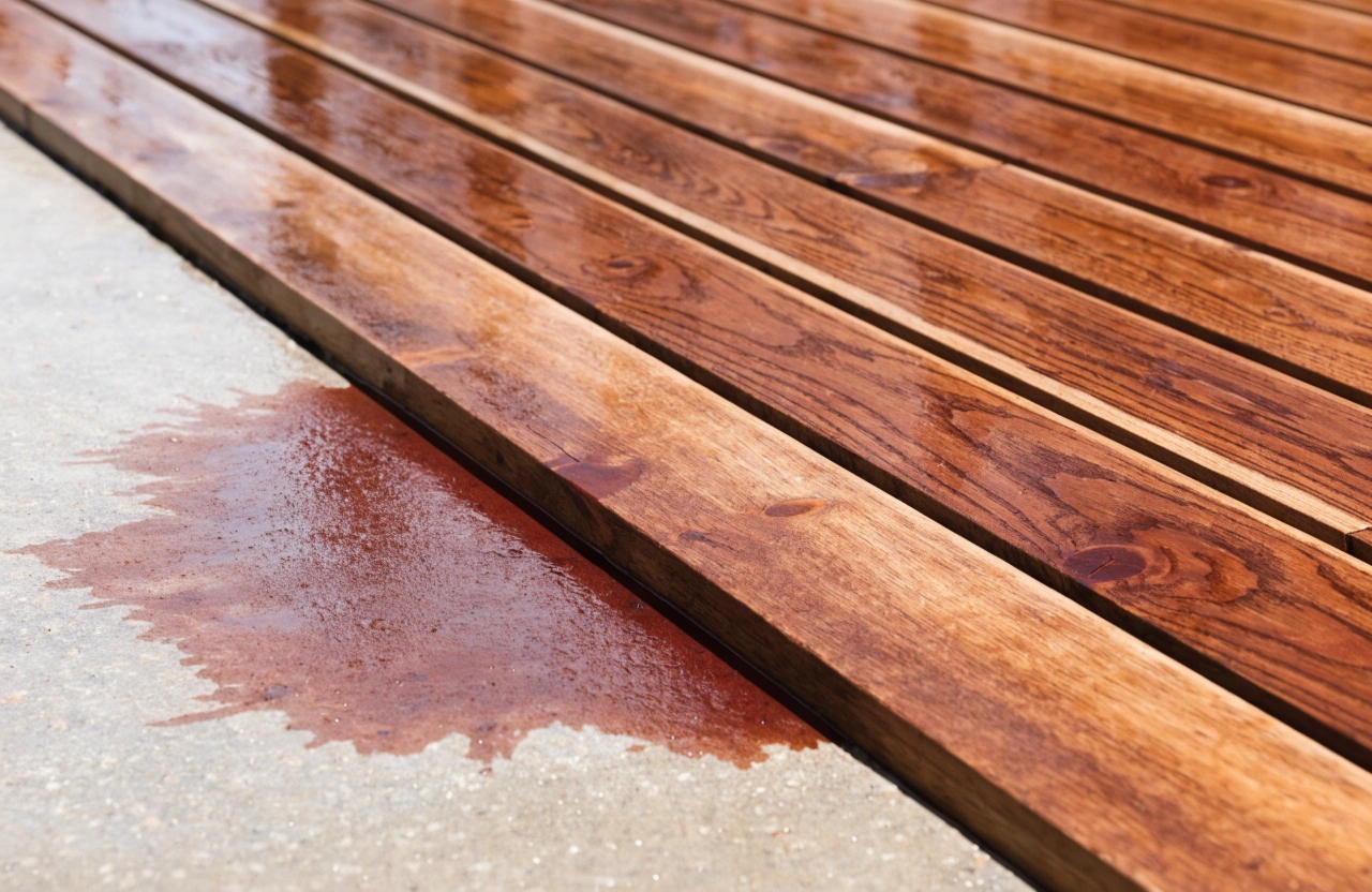 Tannin staining runoff from a new Merbau deck onto pavers below