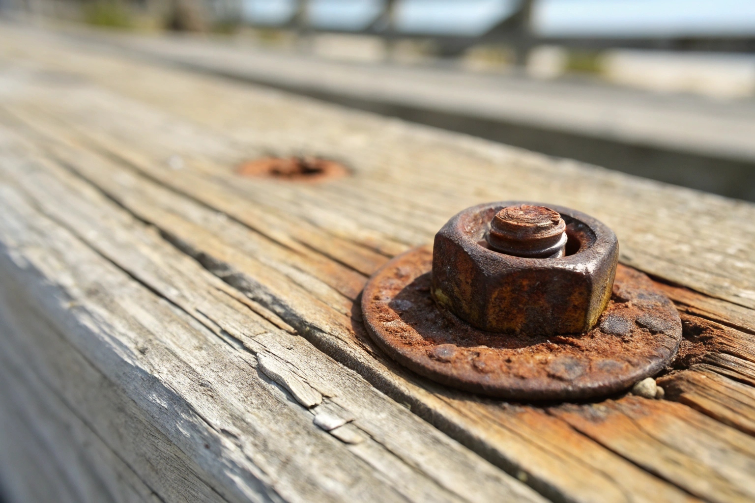 Corroded deck screw showing rust staining on treated pine near the coast