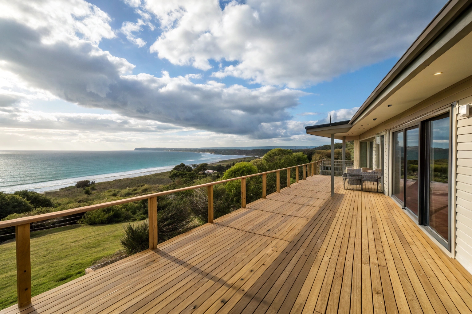 Treated pine deck overlooking the Central Coast ocean