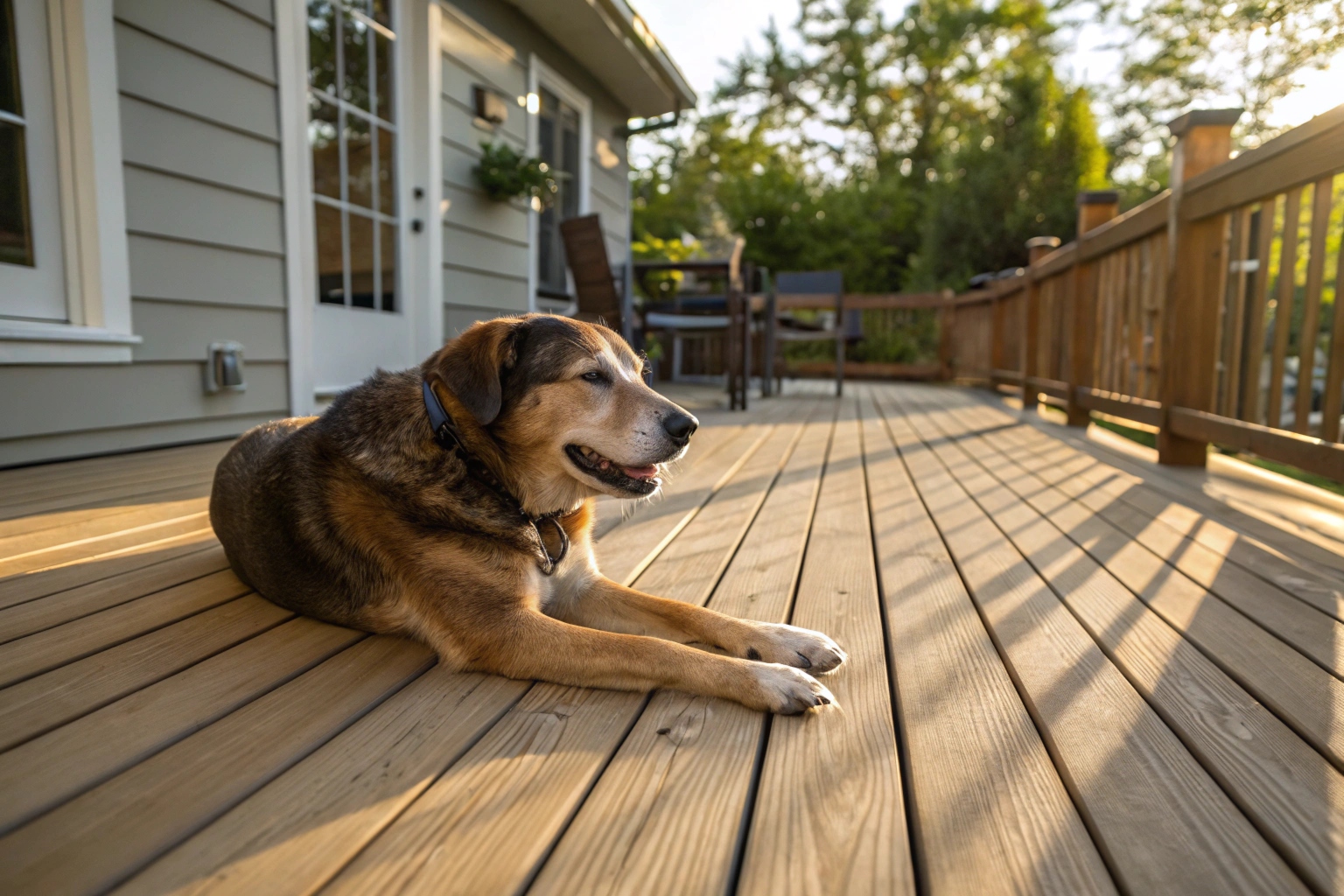 Dog relaxing on a finished treated pine deck