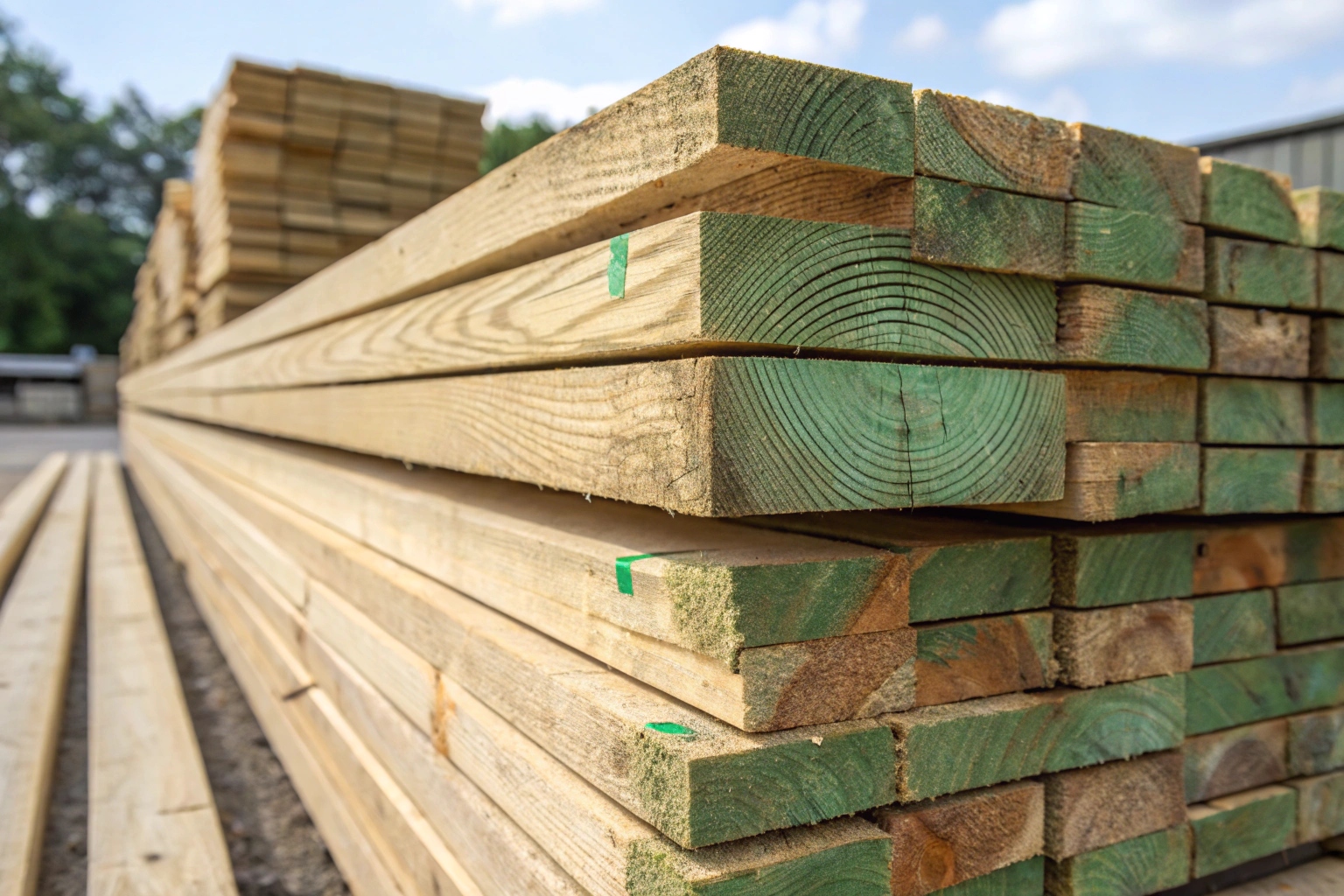 Close-up of treated pine timber showing the greenish copper-based preservative tint