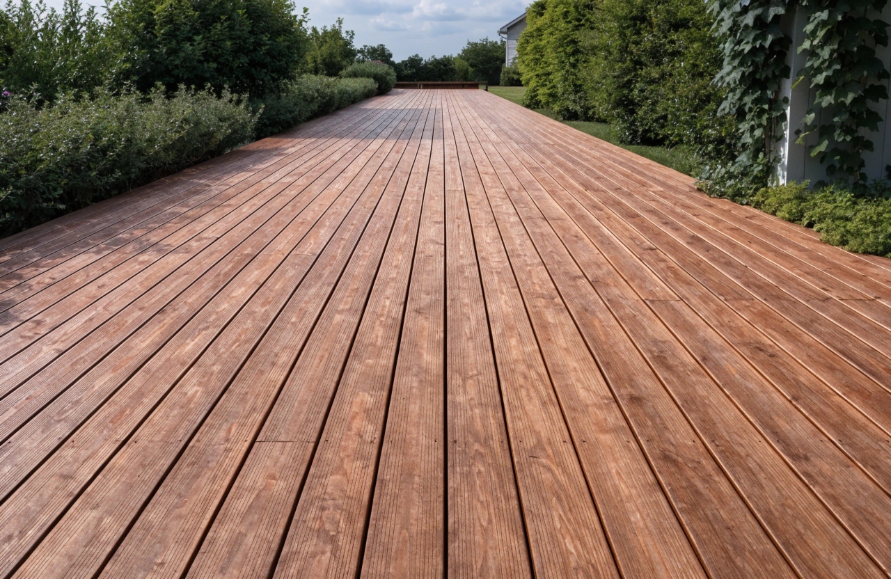 Well-finished, stained treated pine decking with rustic character