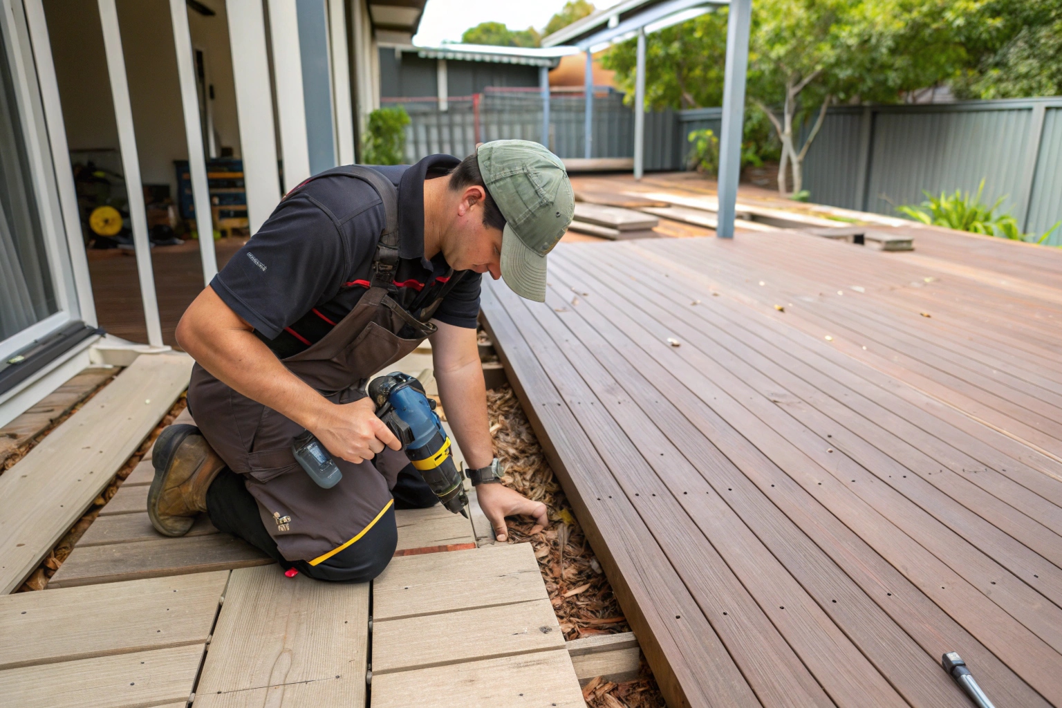 Tradesperson replacing a single warped deck board during a repair