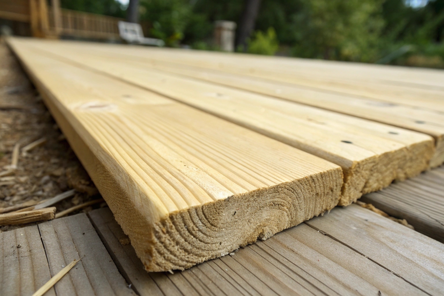 Close-up of a cupped treated pine deck board showing uneven drying