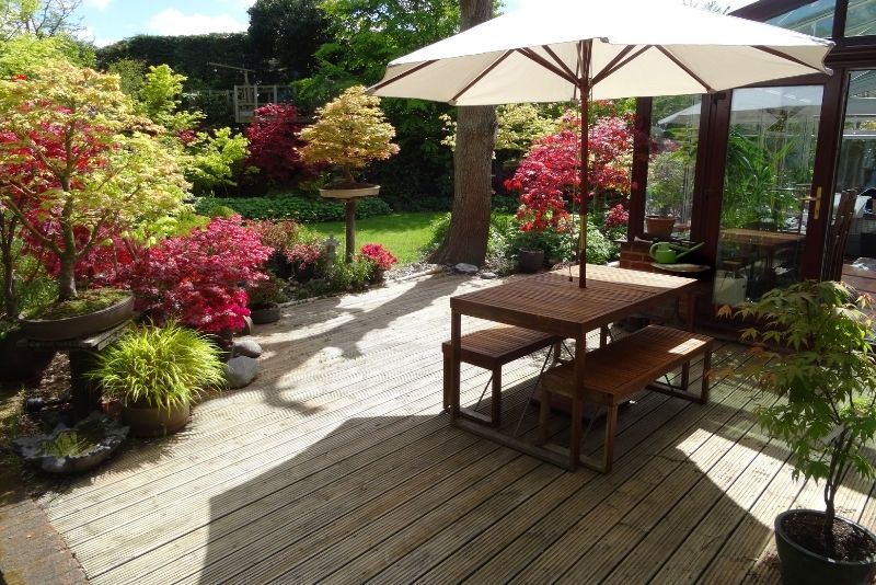 a small patio area surrrounded with beautiful plants