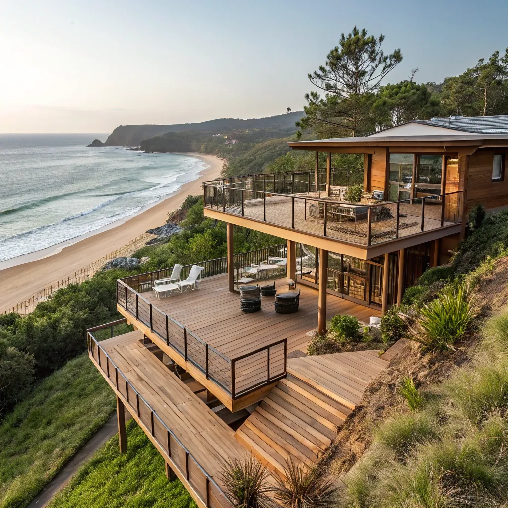 Multi-level wooden deck cascading down a sloped backyard