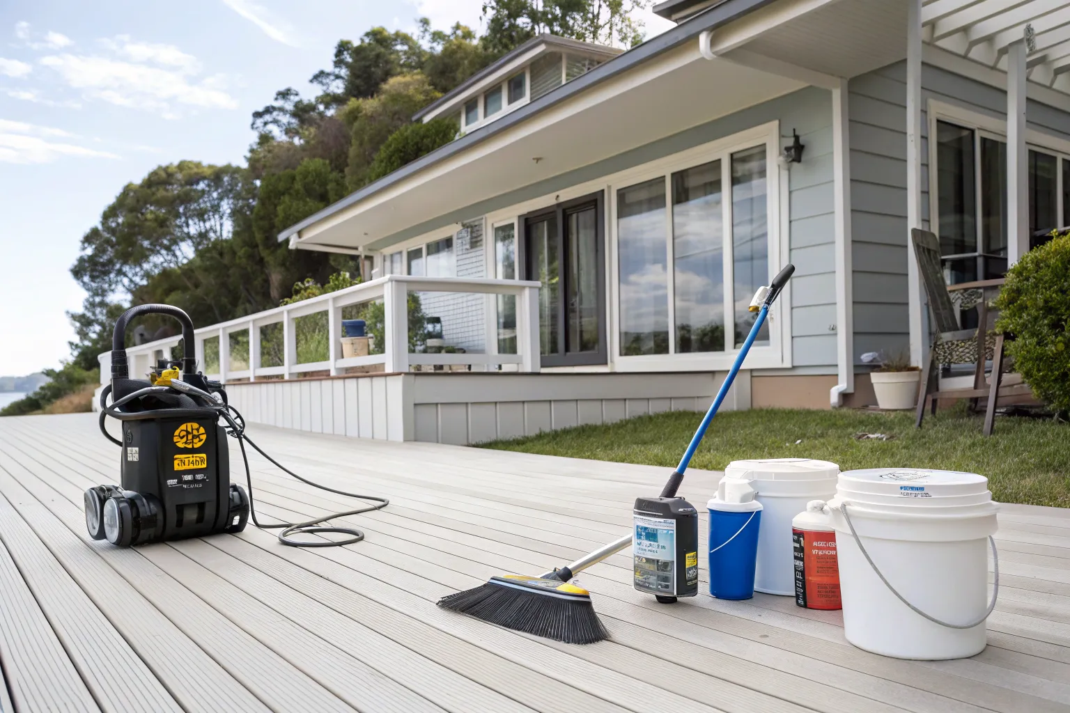 Composite deck being cleaned and maintained with a pressure washer