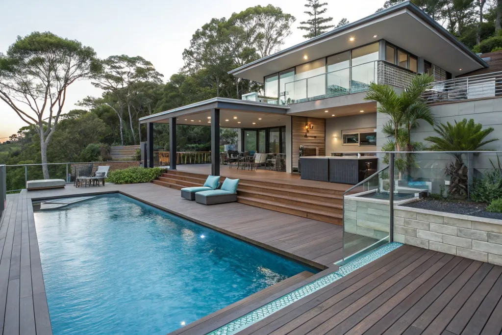 Luxurious composite pool deck surrounding a backyard swimming pool