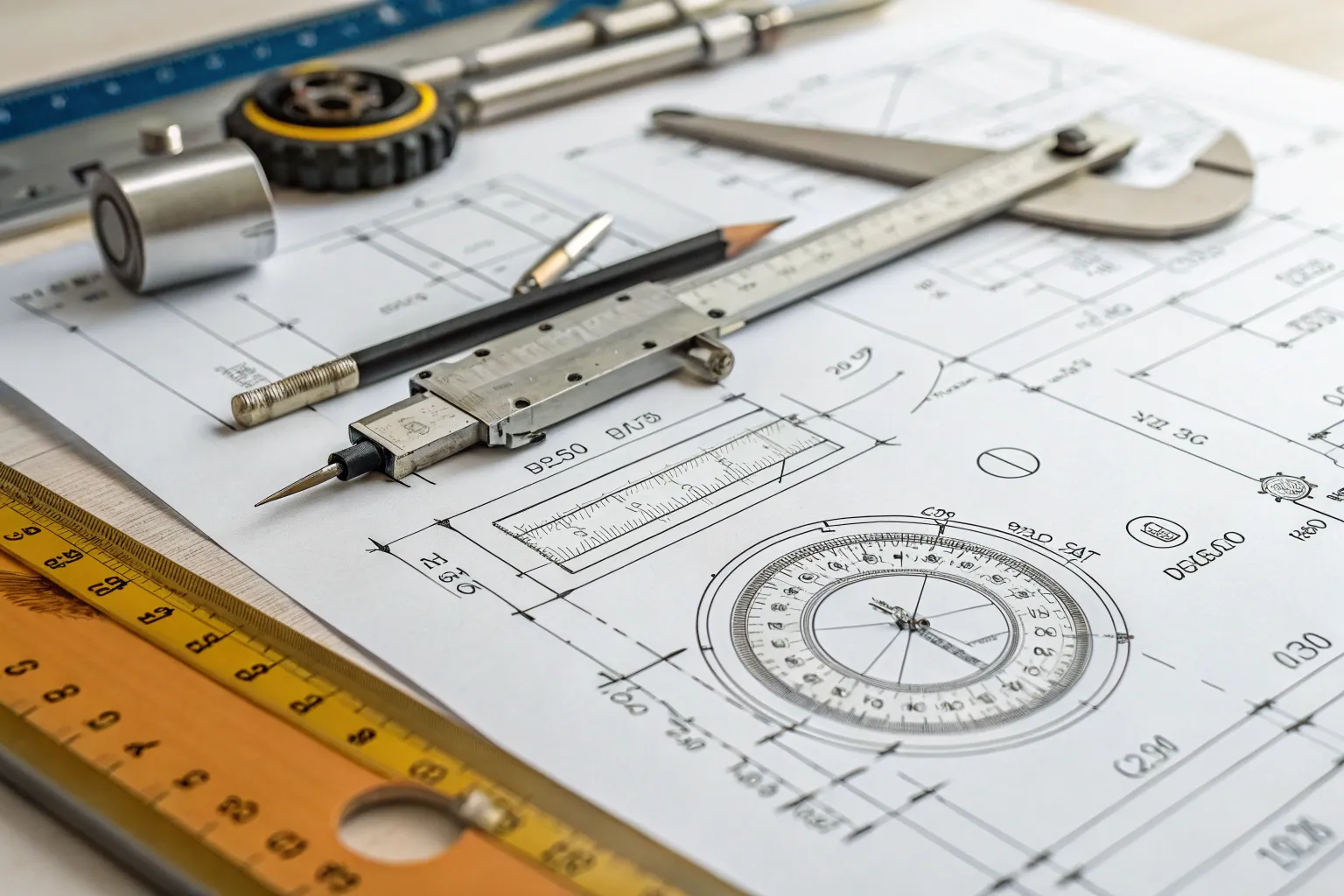 Blueprint drawing with engineering tools for a deck design
