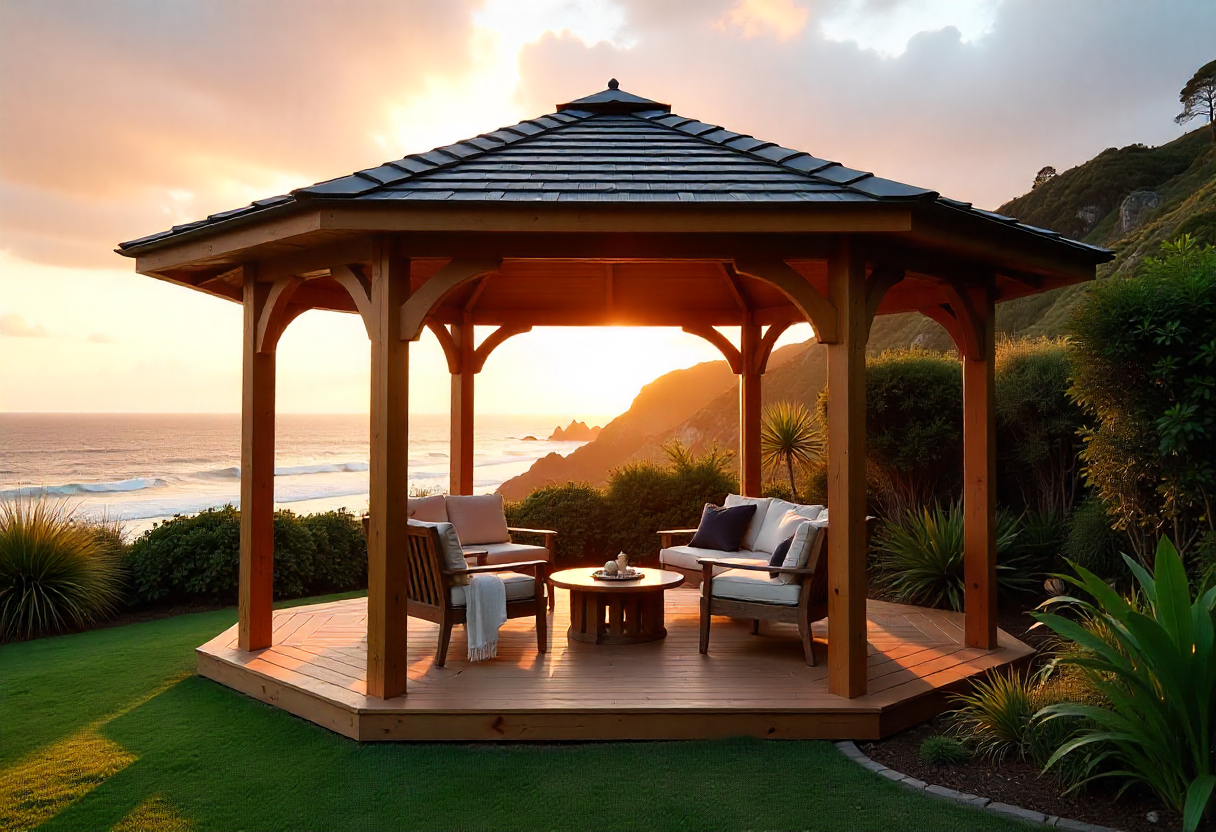 A beautiful hexagonal timber gazebo in a coastal Australian backyard