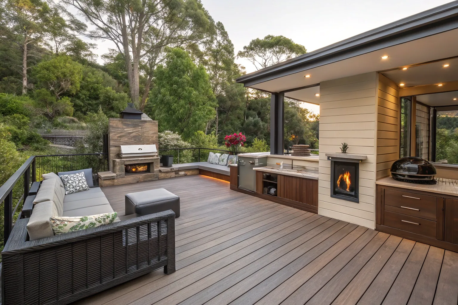 Custom timber deck with built-in features on an Australian home