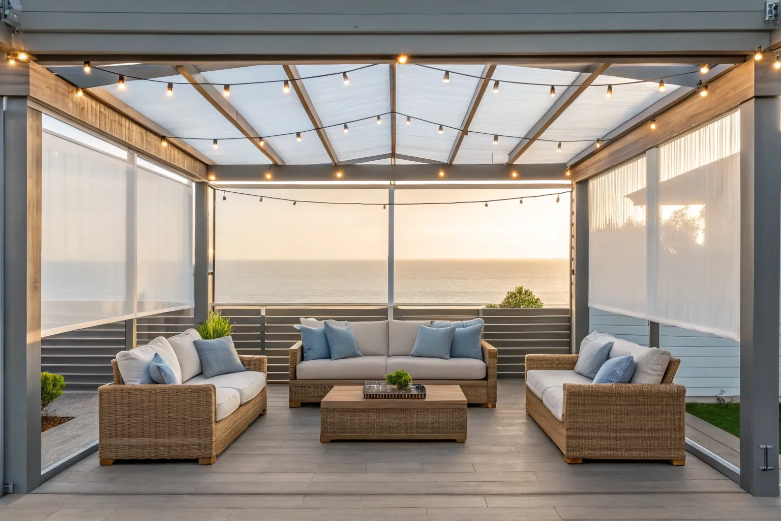 Enclosed patio with clear PVC Ziptrak blinds partially lowered