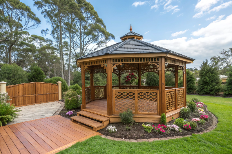 A beautiful octagonal timber gazebo in an Australian coastal backyard