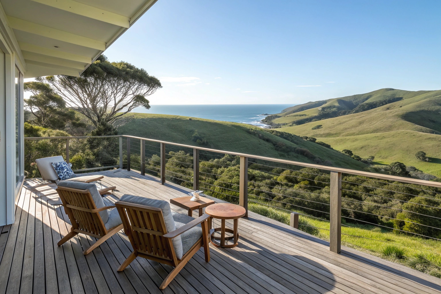 Treated pine deck with outdoor furniture on Central Coast home with coastal views