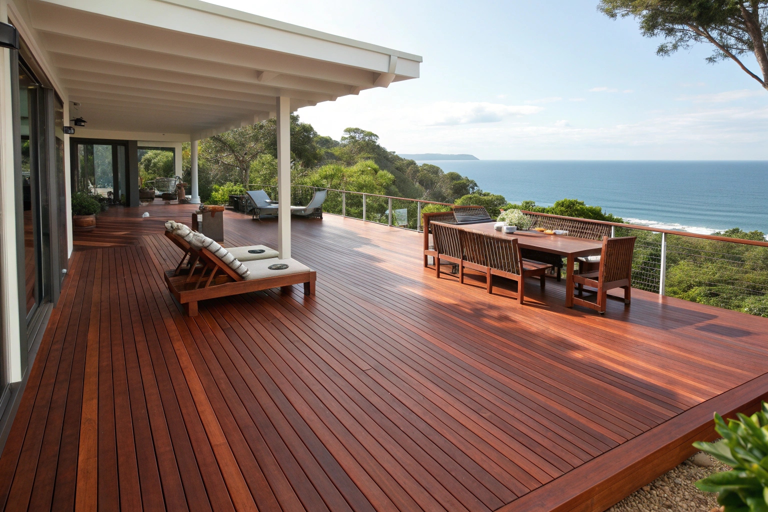 Merbau deck construction with rich reddish-brown hardwood on Central Coast coastal property