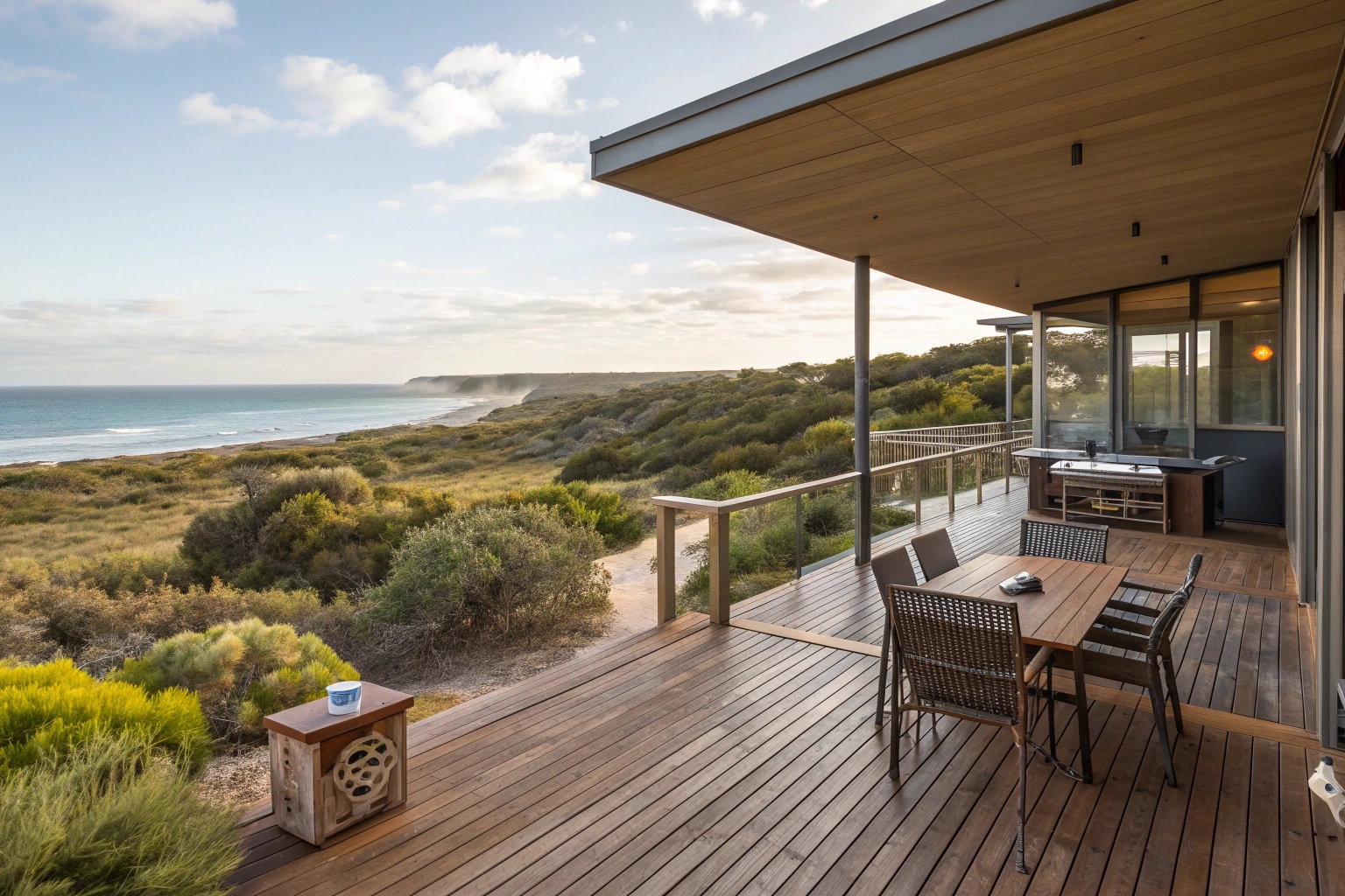 Extended timber deck with outdoor entertaining area on Central Coast property