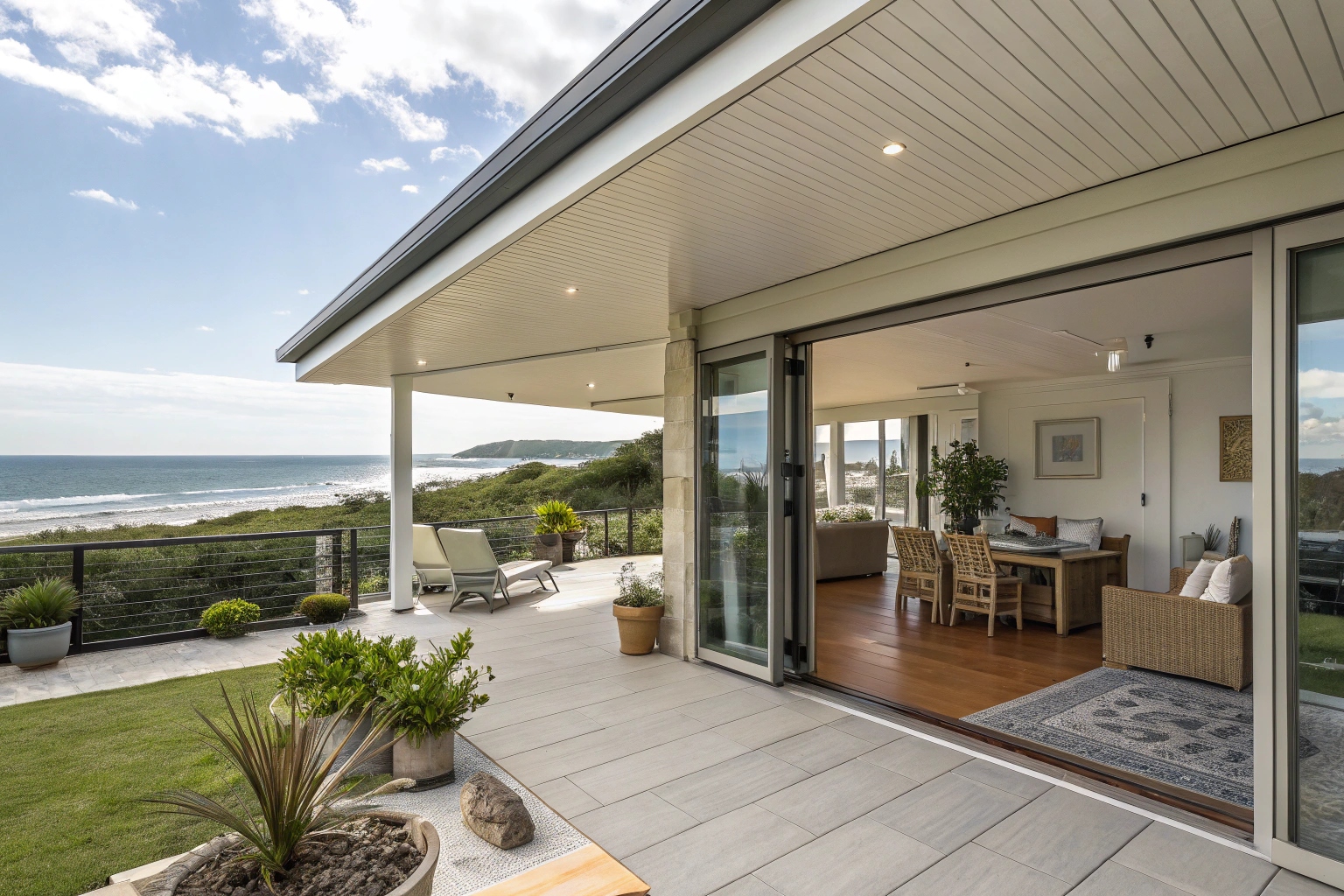 Attached flat roof patio extending from Central Coast home with ocean views