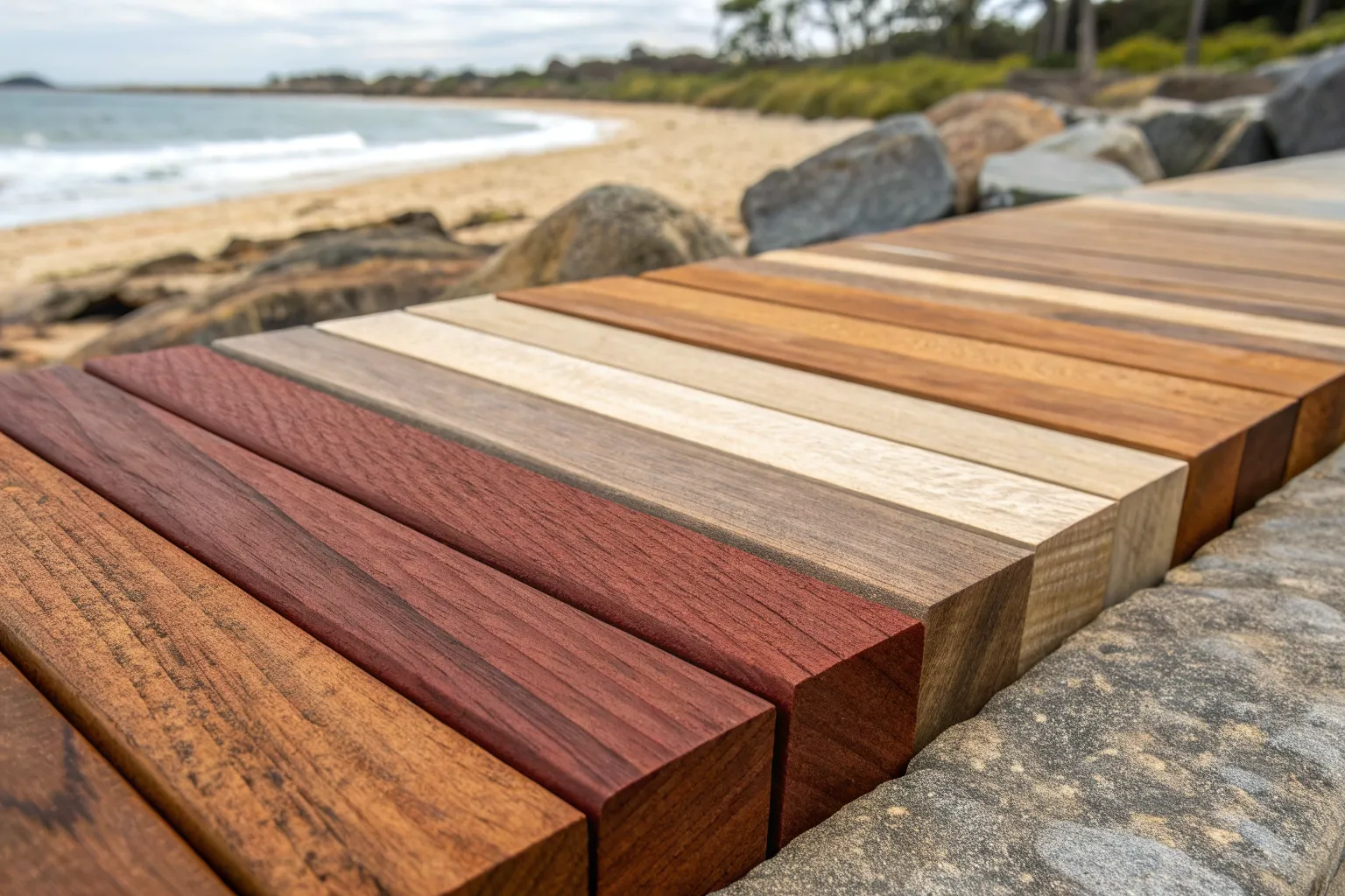 Close-up of different timber decking board samples