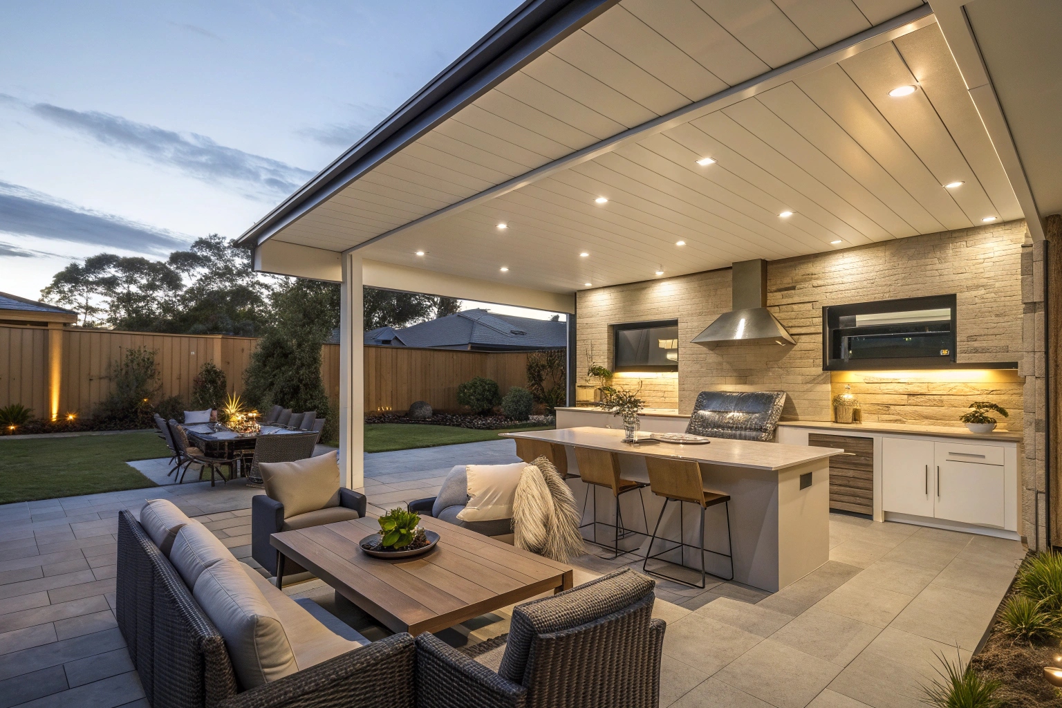 Alfresco patio area with outdoor kitchen and lighting on Central Coast home