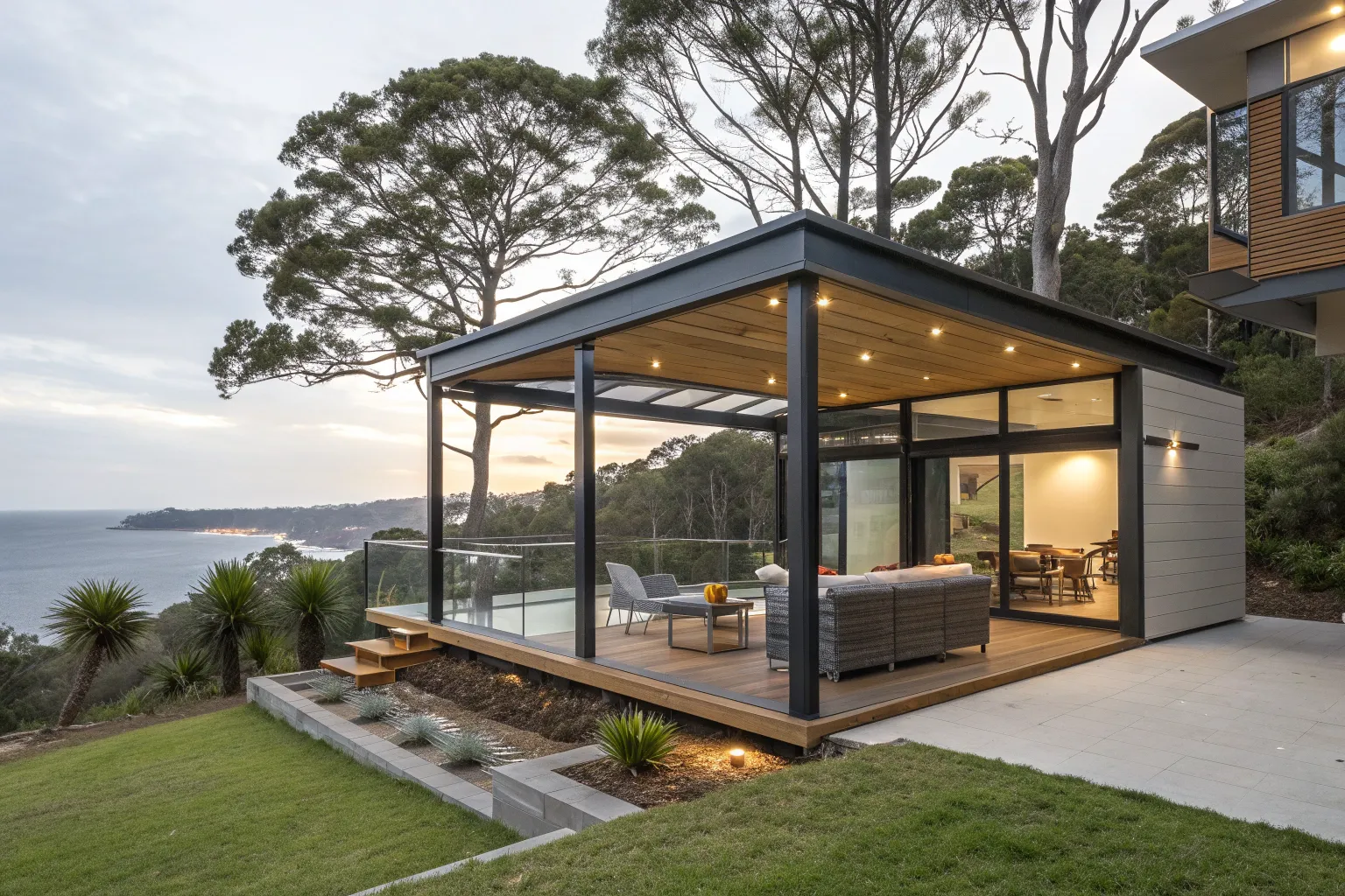 Contemporary custom gazebo with clean lines and a flat roof