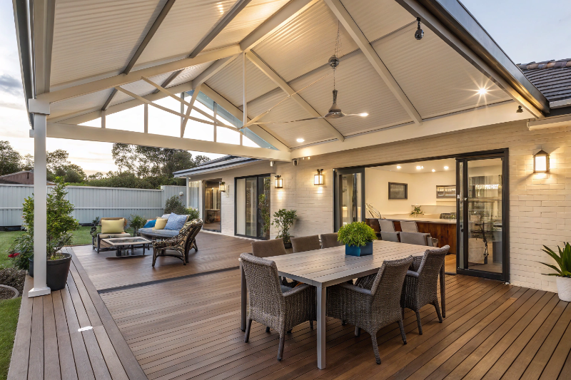 Spacious gable roof verandah with outdoor dining and lounge furniture for entertaining