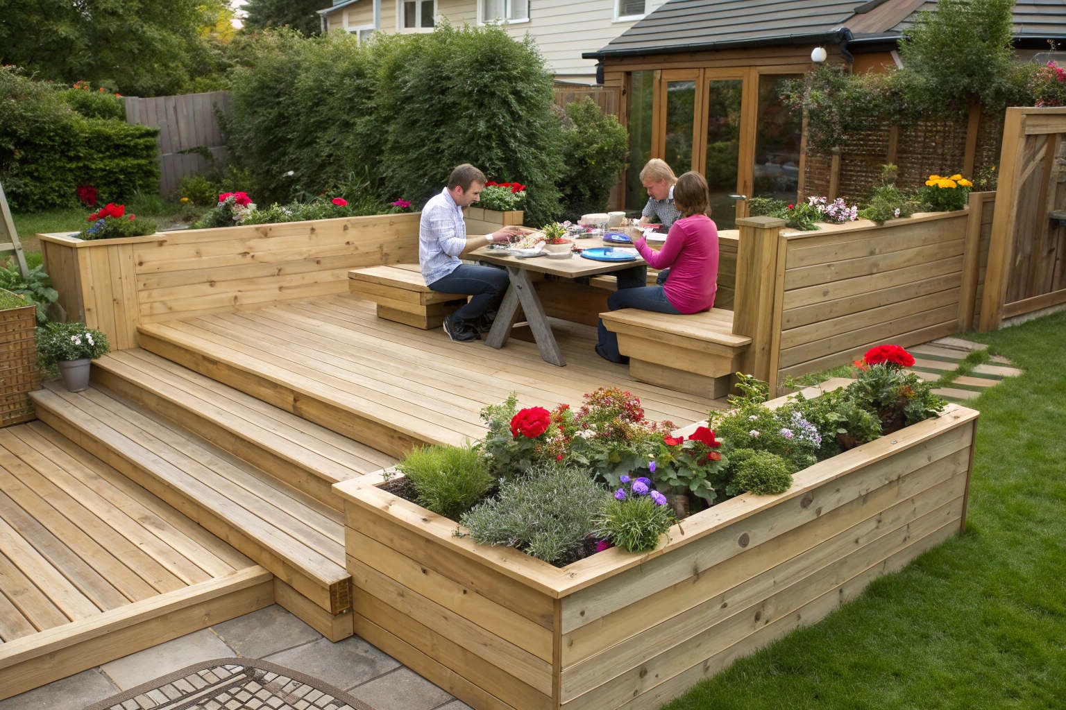 Custom deck with built-in seating Central Coast outdoor living entertainment space