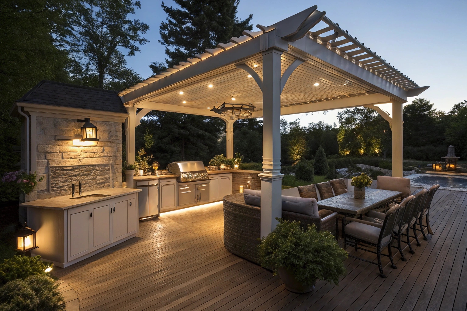 Custom designed deck with integrated shade and lighting solutions Central Coast