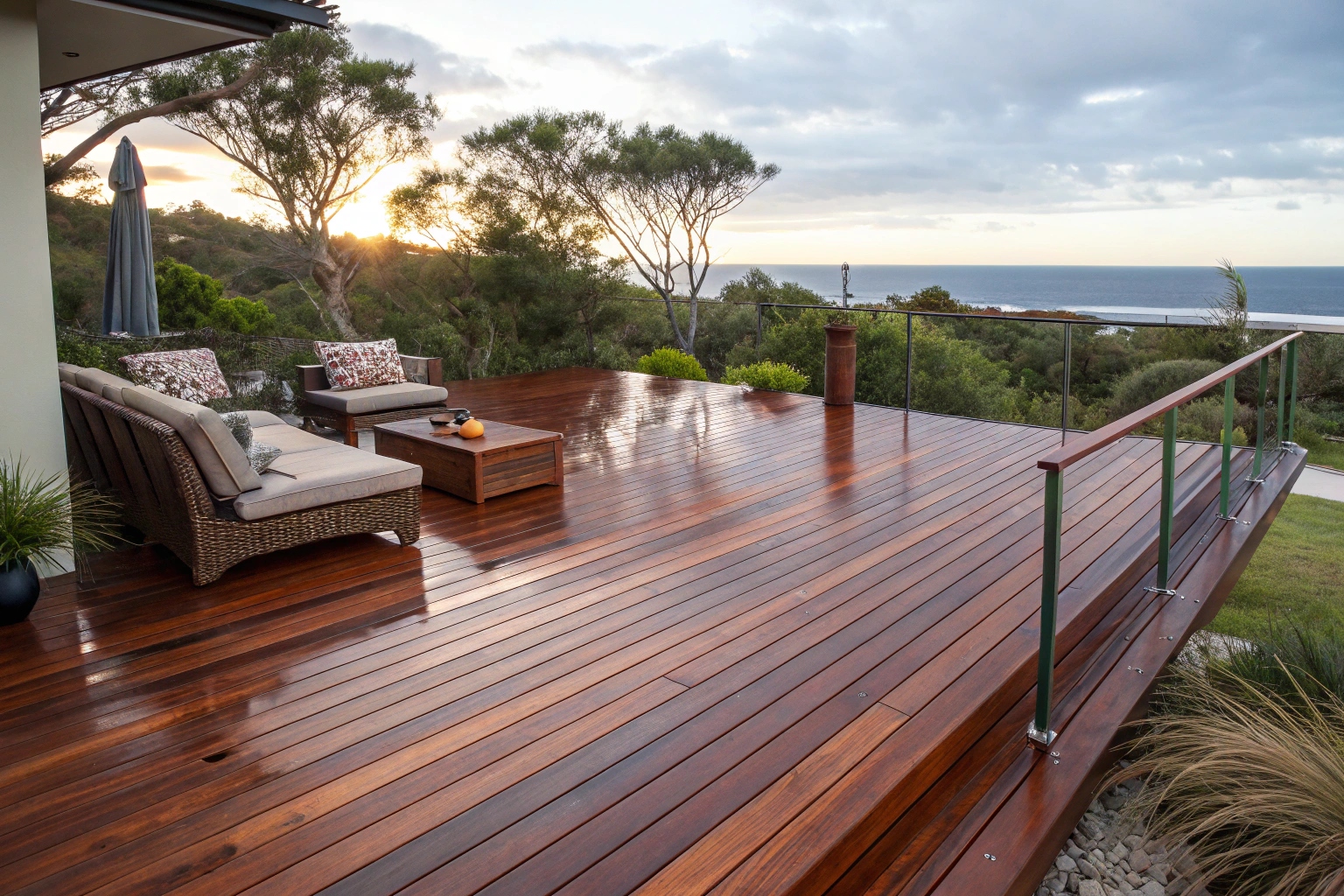 Freshly oiled Merbau decking showing enhanced rich hardwood colour and finish