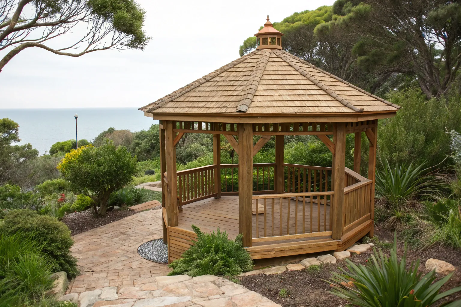 Timber gazebo in a lush Australian coastal garden