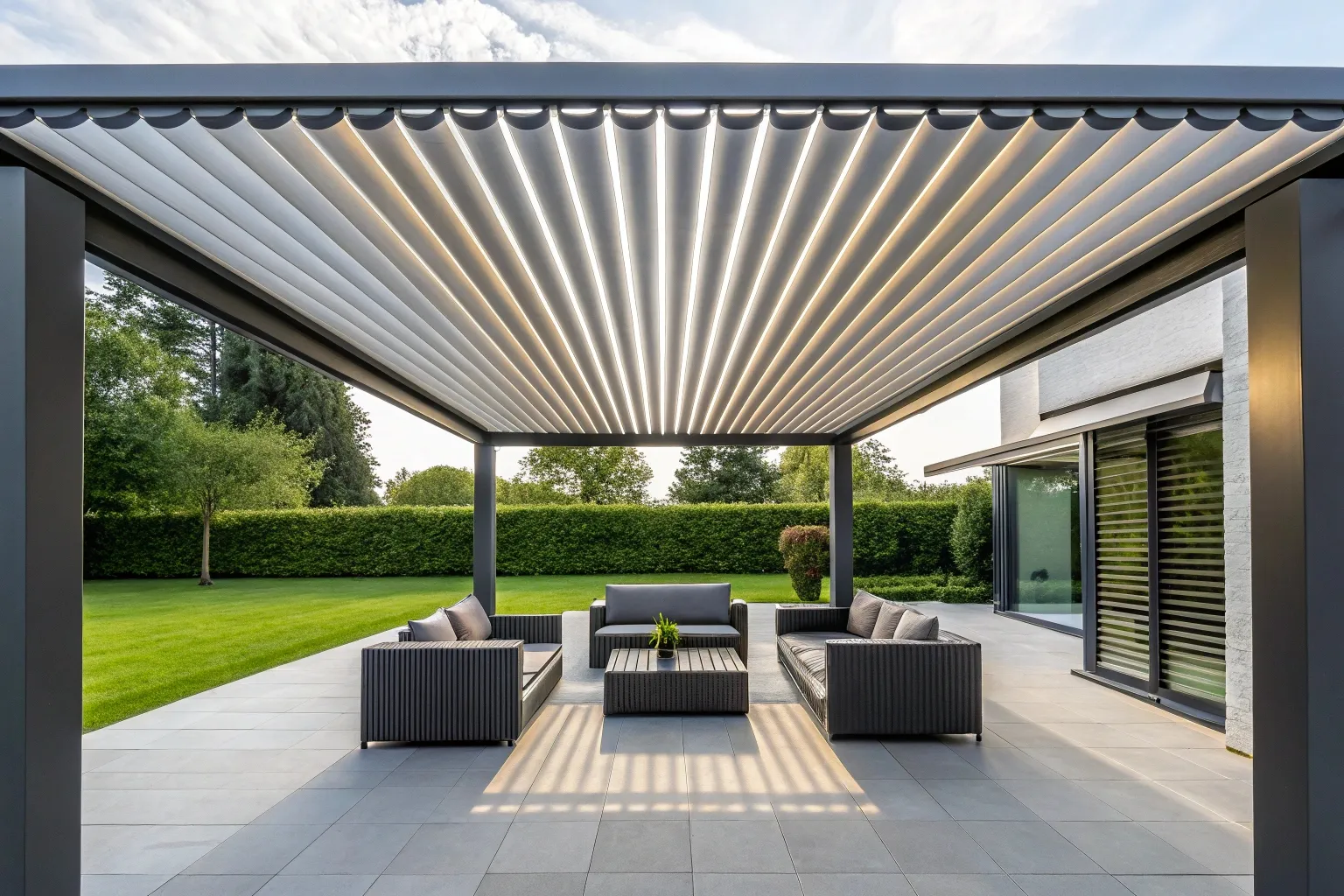 Adjustable louvred roof shade system installed on Central Coast outdoor patio