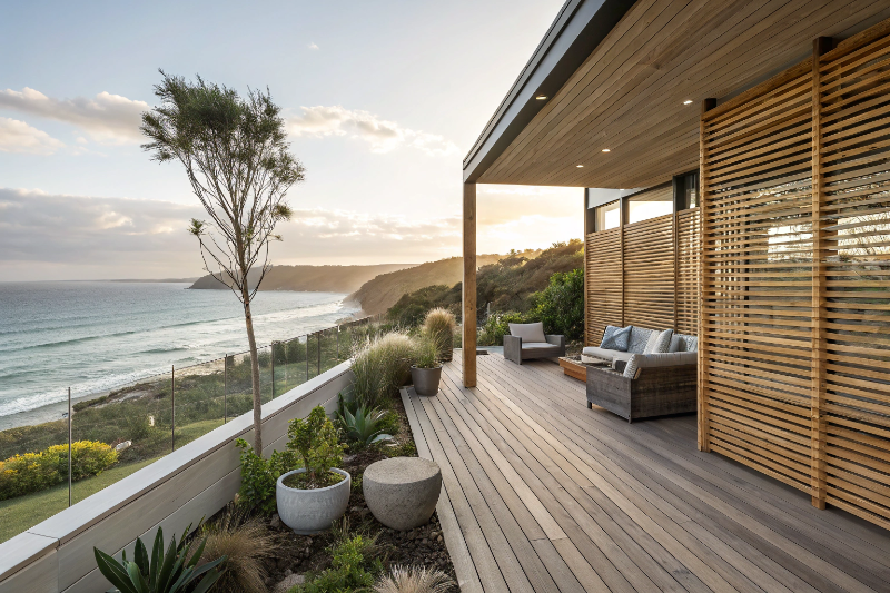 Timber slat deck privacy walls installed on Central Coast coastal property