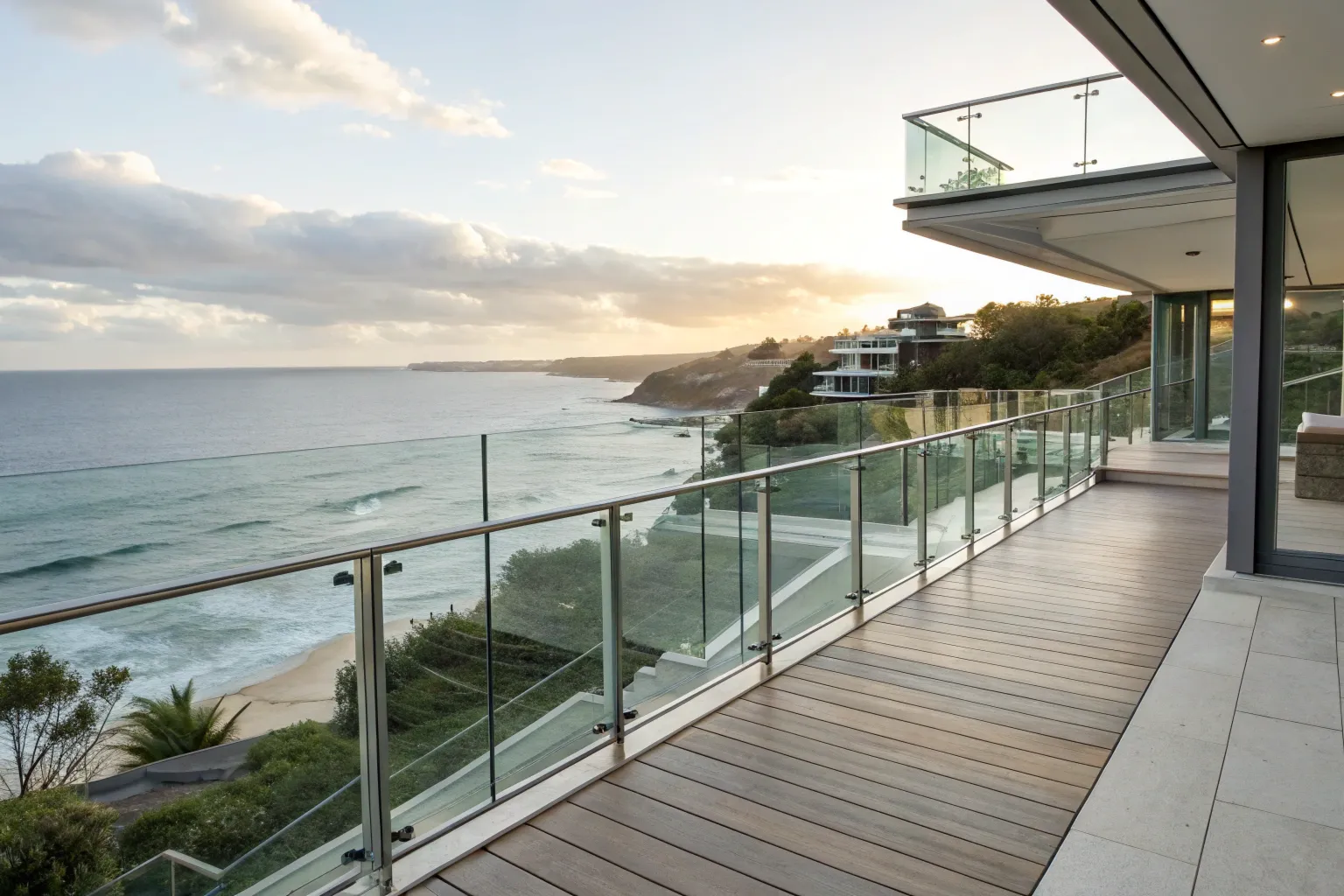 Modern coastal deck with glass balustrade panels
