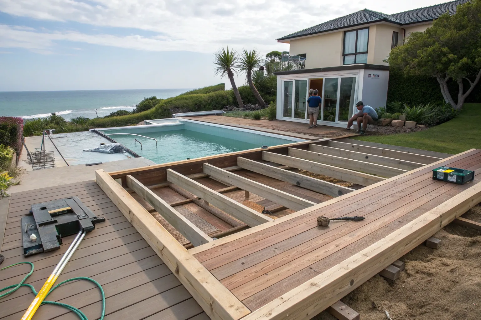 Pool deck installation in progress on a Central Coast property