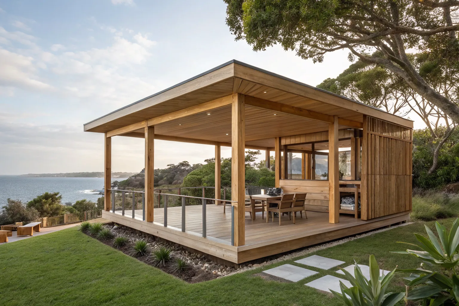 Modern rectangular timber pavilion gazebo with clean lines
