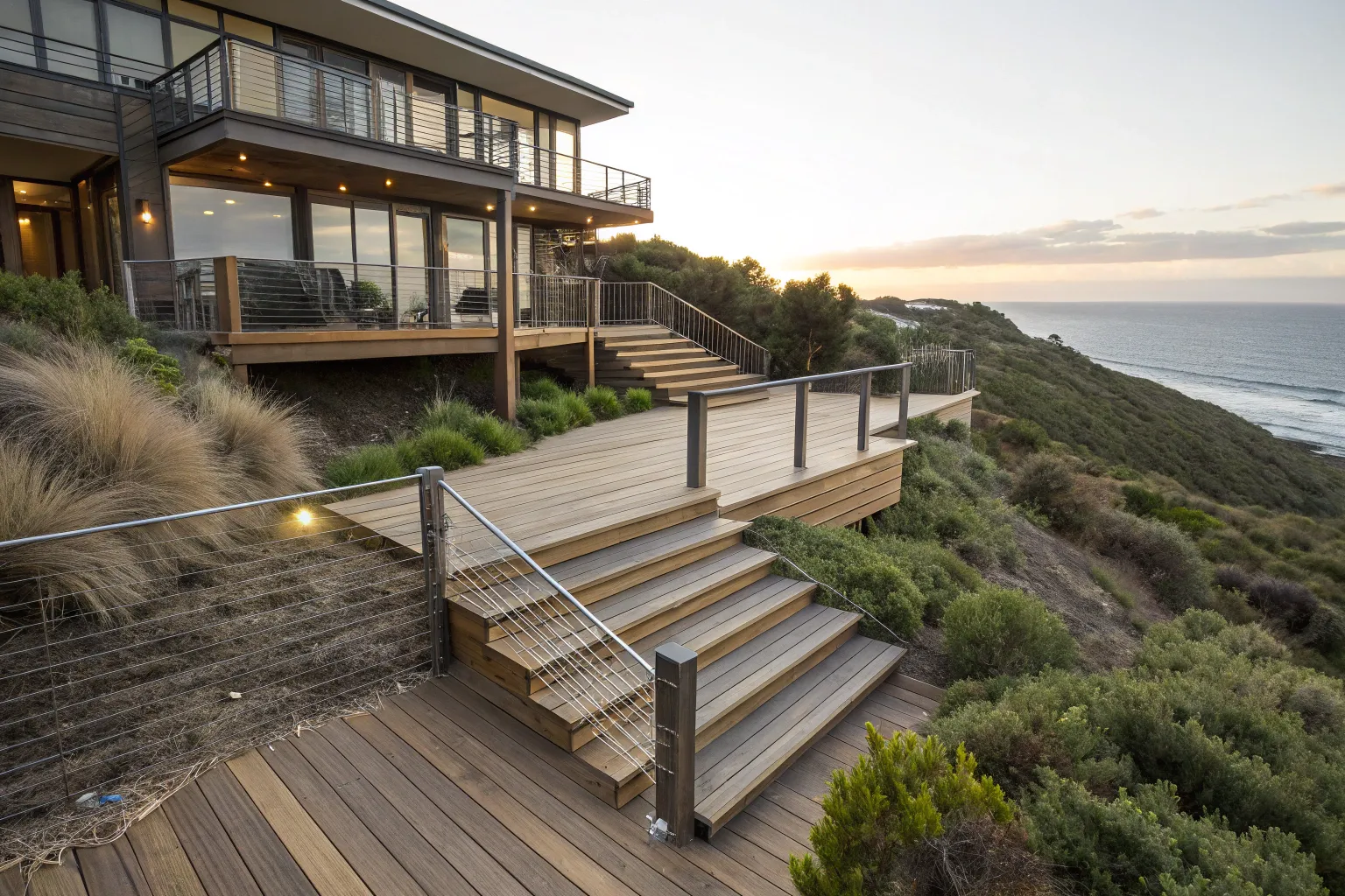 Multi-level timber deck on a sloped Australian coastal block