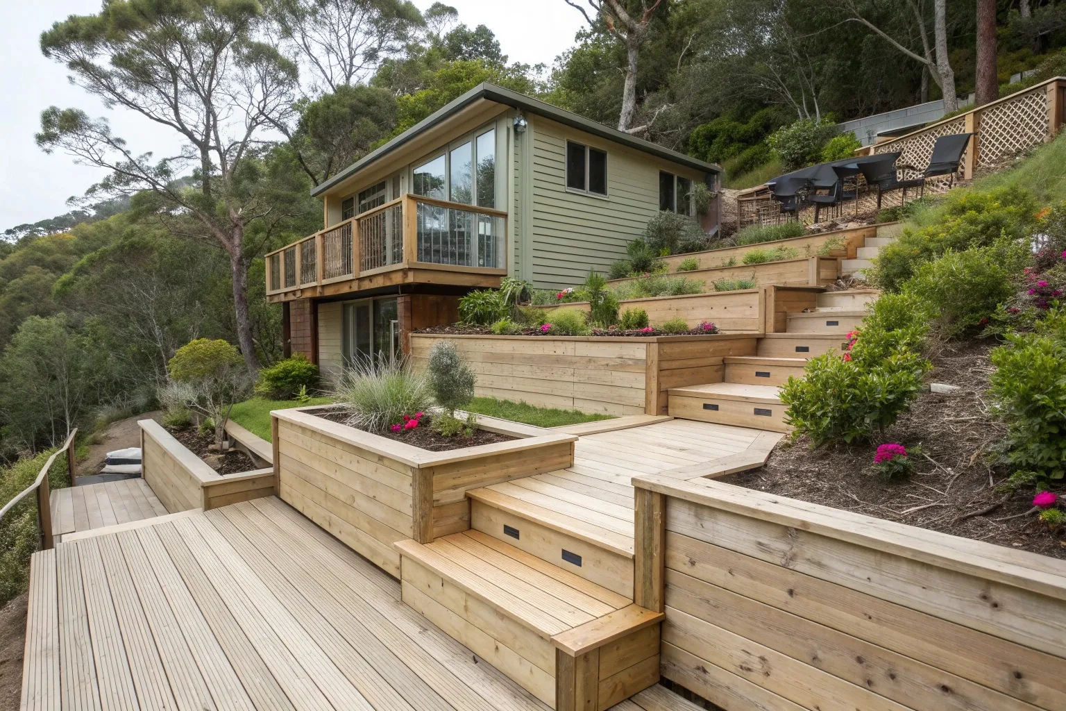Multi-level treated pine deck built on sloped Central Coast property