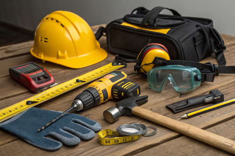 Professional deck demolition tools and safety equipment including saws, pry bars, and protective gear