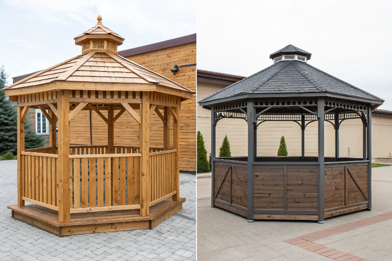 Timber hardwood gazebo compared to steel frame Colorbond gazebo for Central Coast properties