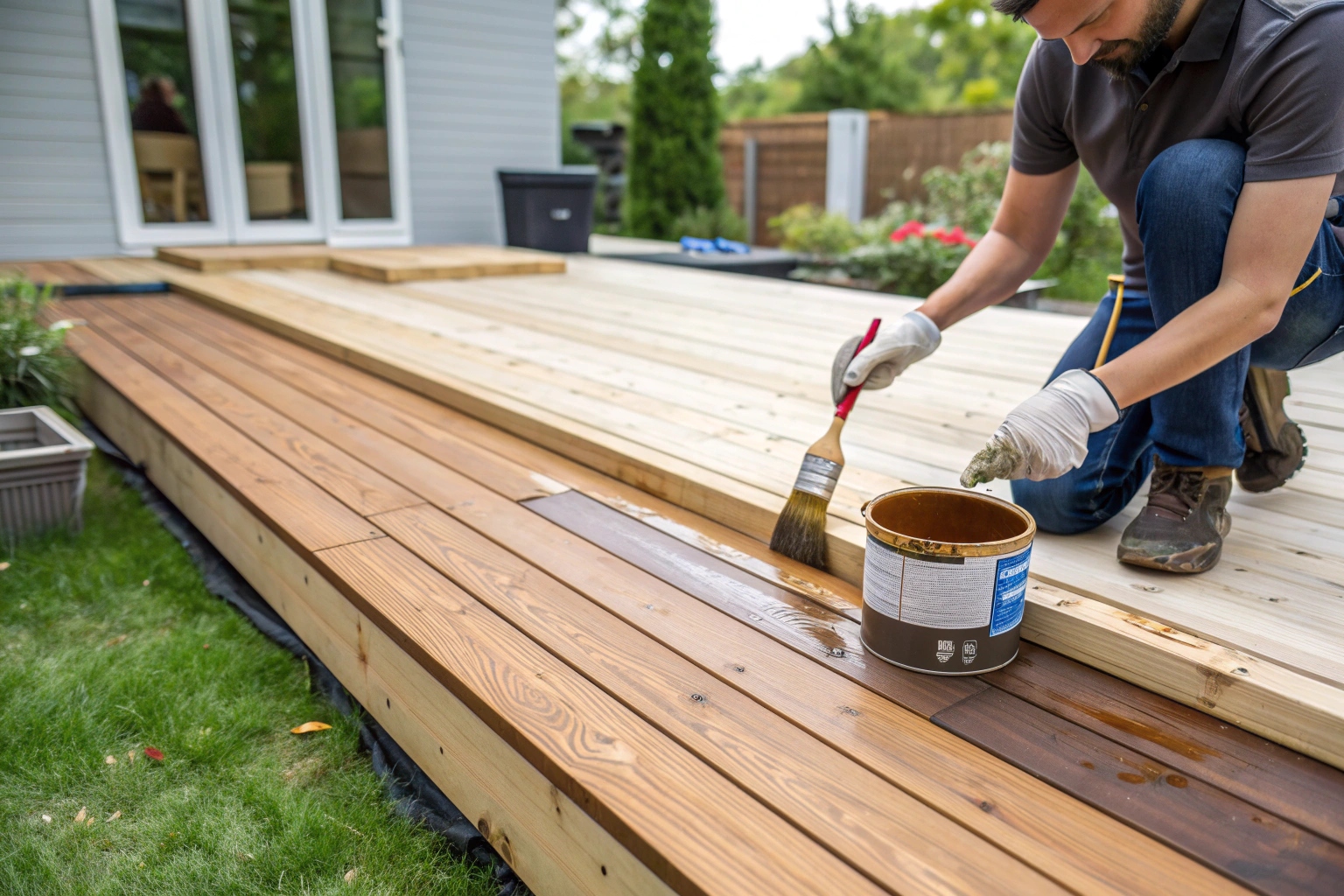 Applying protective oil finish to treated pine decking for maintenance