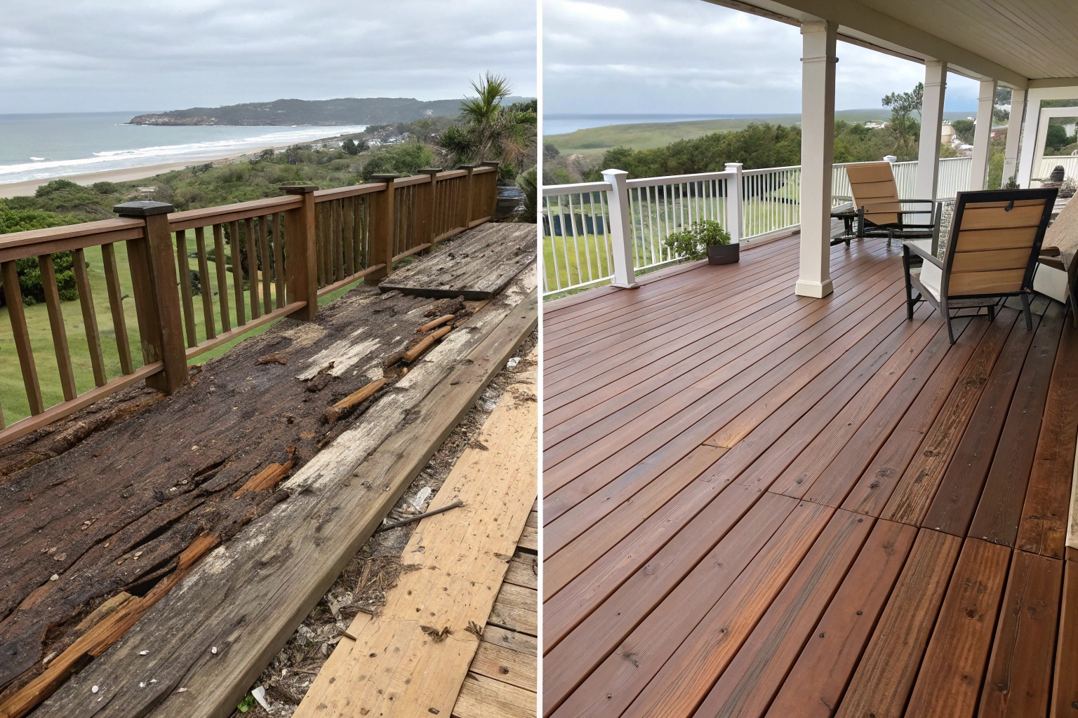 Restored timber deck after professional repair showing rich finish and coastal setting