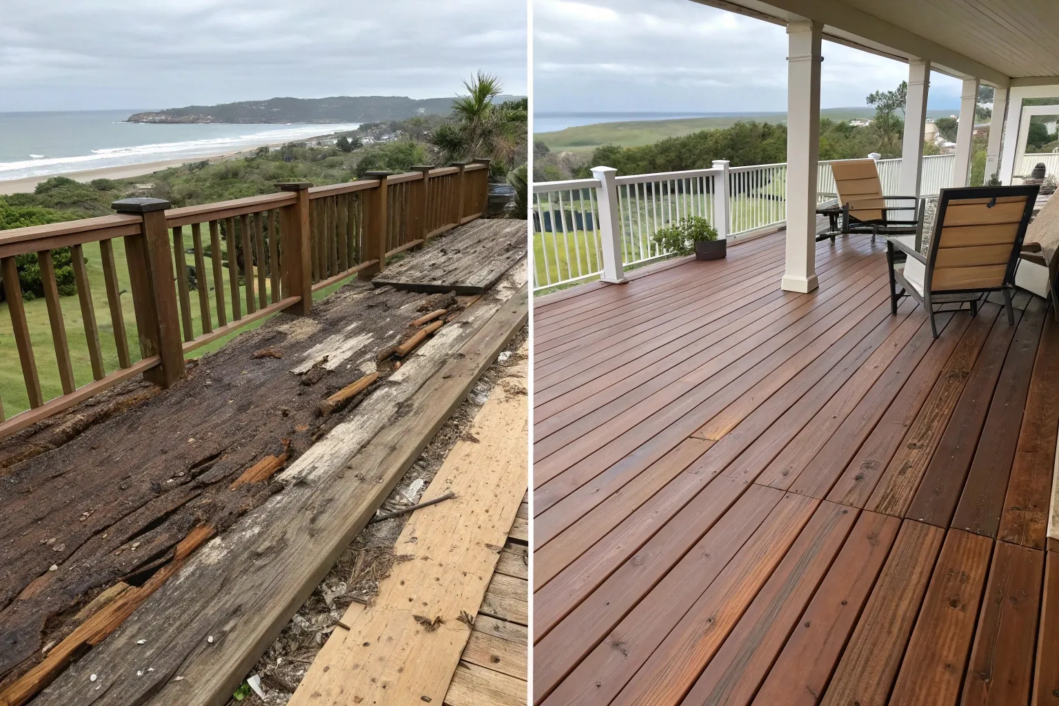 Restored timber deck after professional repair showing rich finish and coastal setting